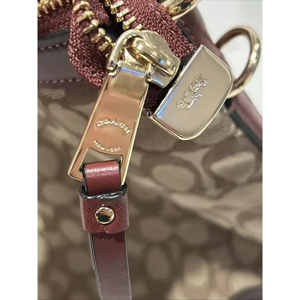 Coach F34824 Ivie Burgundy Leather Trim Beige Signature Hobo Purse Hand Bag